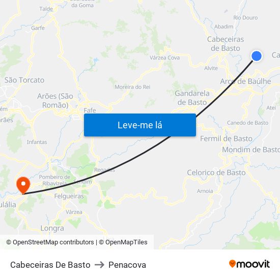 Cabeceiras De Basto to Penacova map