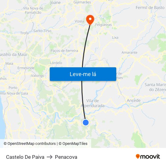 Castelo De Paiva to Penacova map