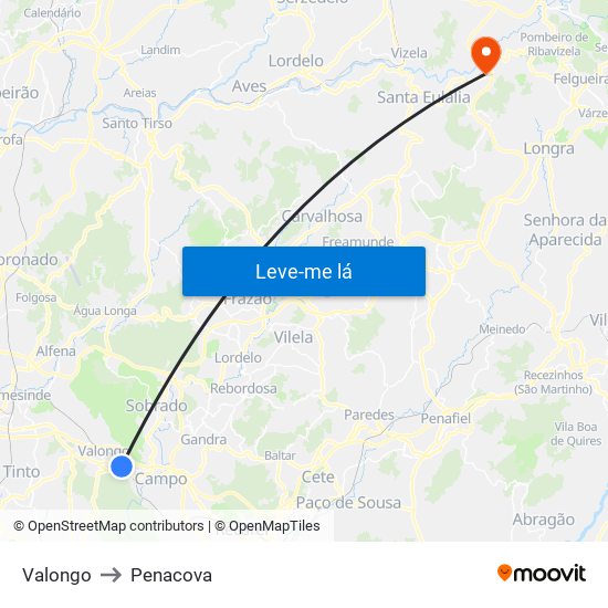 Valongo to Penacova map