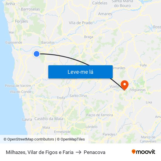 Milhazes, Vilar de Figos e Faria to Penacova map