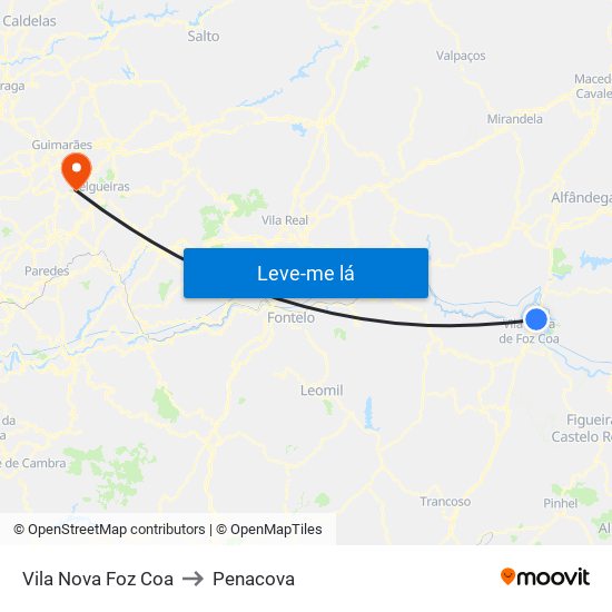 Vila Nova Foz Coa to Penacova map