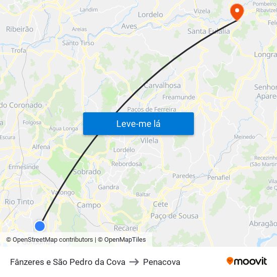 Fânzeres e São Pedro da Cova to Penacova map