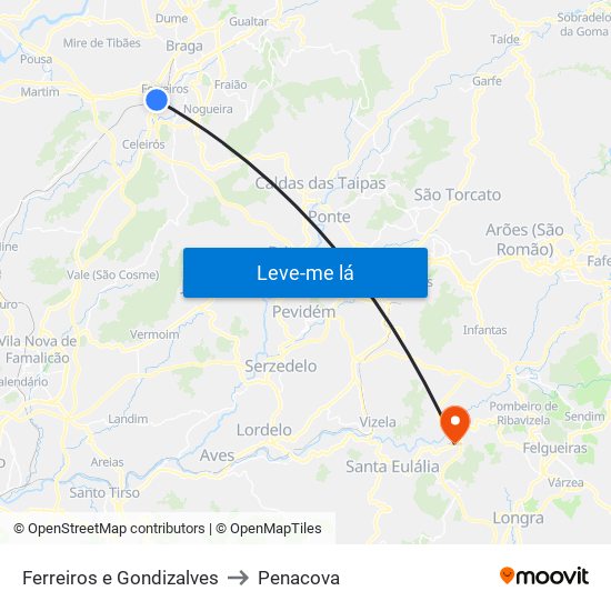 Ferreiros e Gondizalves to Penacova map