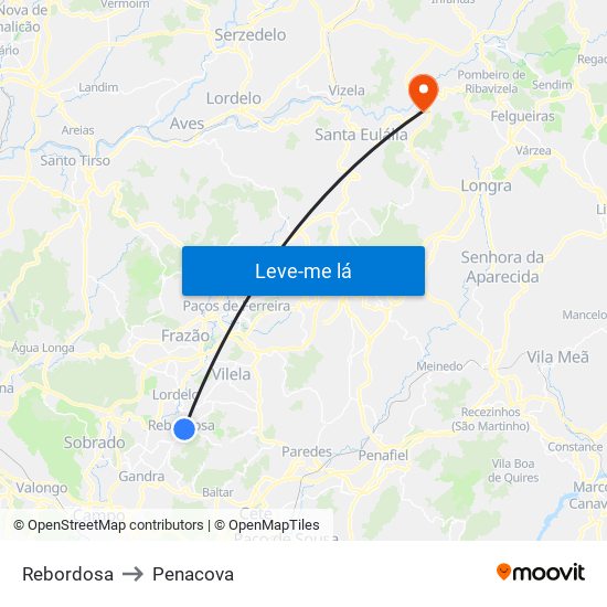 Rebordosa to Penacova map