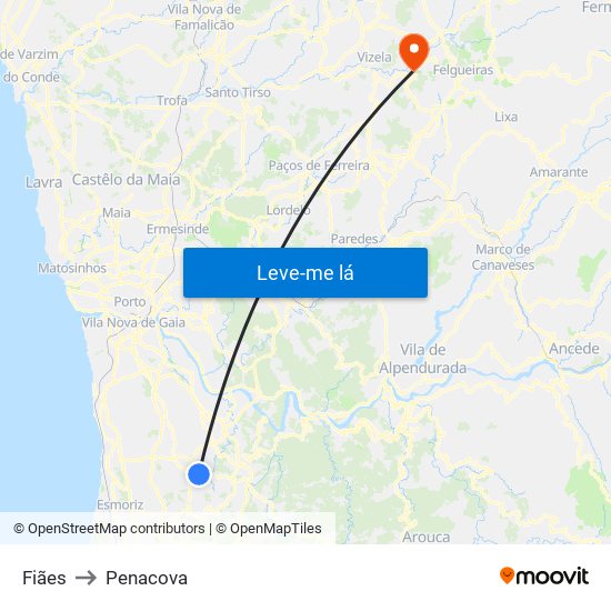 Fiães to Penacova map