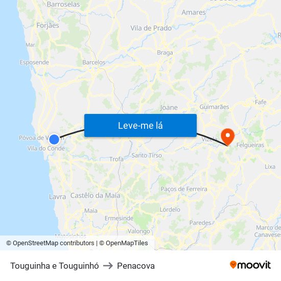 Touguinha e Touguinhó to Penacova map