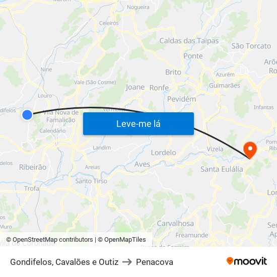 Gondifelos, Cavalões e Outiz to Penacova map