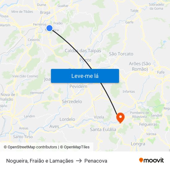 Nogueira, Fraião e Lamaçães to Penacova map