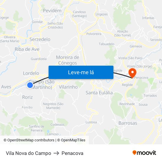 Vila Nova do Campo to Penacova map
