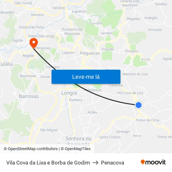 Vila Cova da Lixa e Borba de Godim to Penacova map