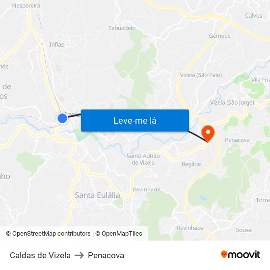 Caldas de Vizela to Penacova map