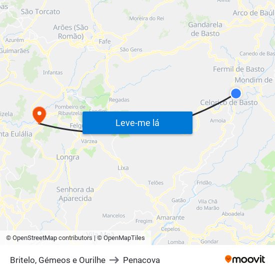 Britelo, Gémeos e Ourilhe to Penacova map