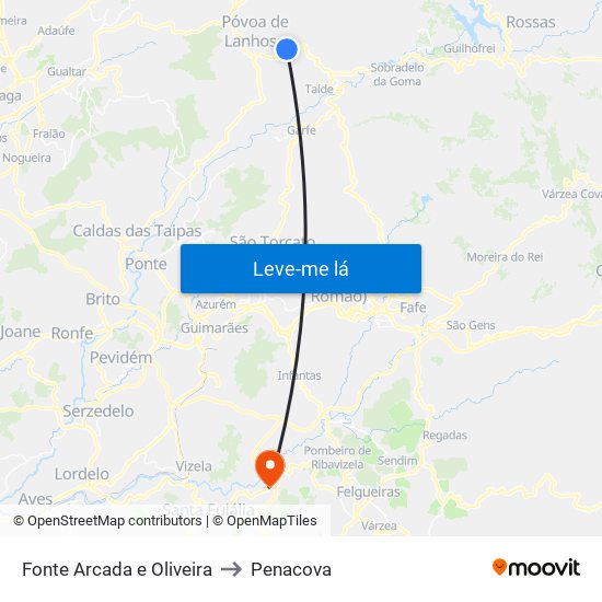 Fonte Arcada e Oliveira to Penacova map