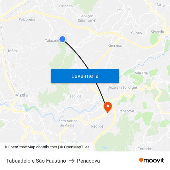 Tabuadelo e São Faustino to Penacova map