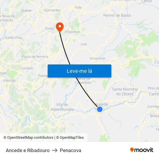 Ancede e Ribadouro to Penacova map