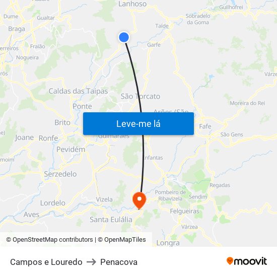 Campos e Louredo to Penacova map