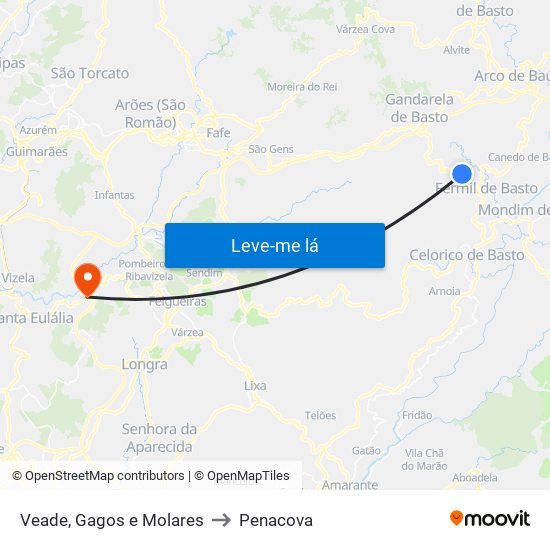 Veade, Gagos e Molares to Penacova map