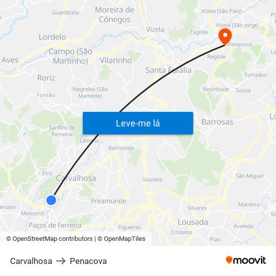 Carvalhosa to Penacova map