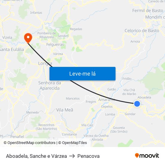 Aboadela, Sanche e Várzea to Penacova map