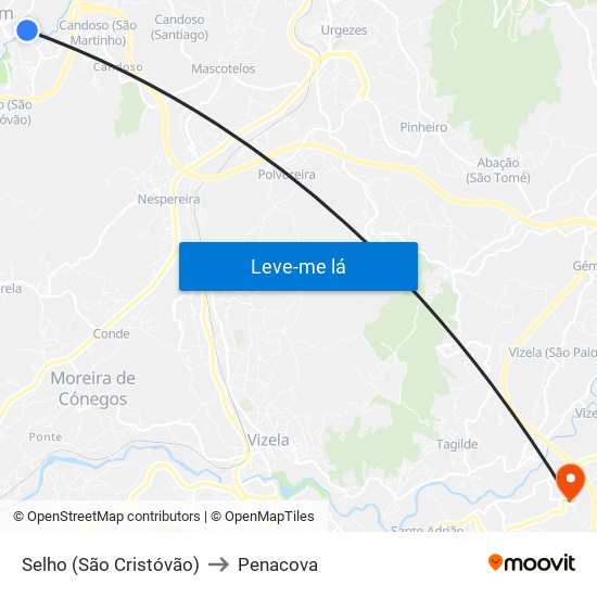 Selho (São Cristóvão) to Penacova map