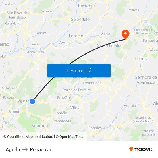 Agrela to Penacova map