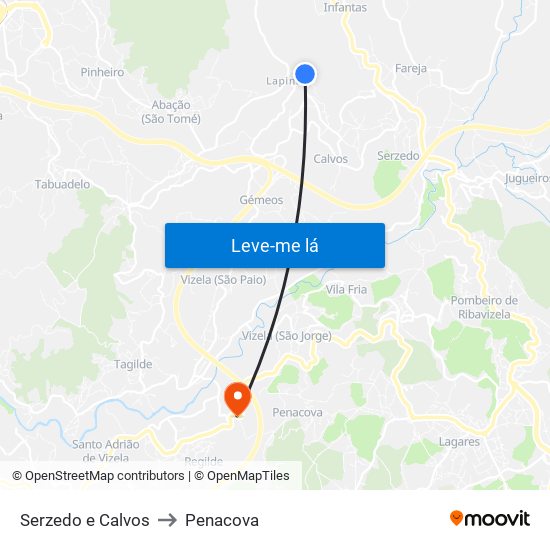 Serzedo e Calvos to Penacova map