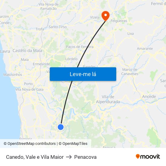 Canedo, Vale e Vila Maior to Penacova map