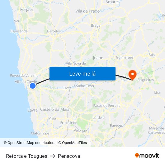 Retorta e Tougues to Penacova map