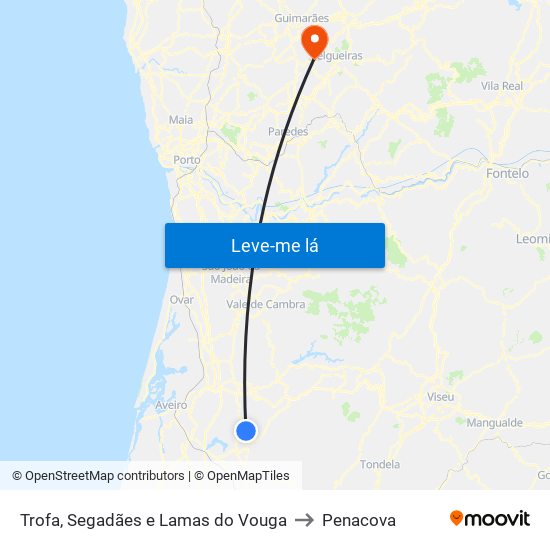 Trofa, Segadães e Lamas do Vouga to Penacova map