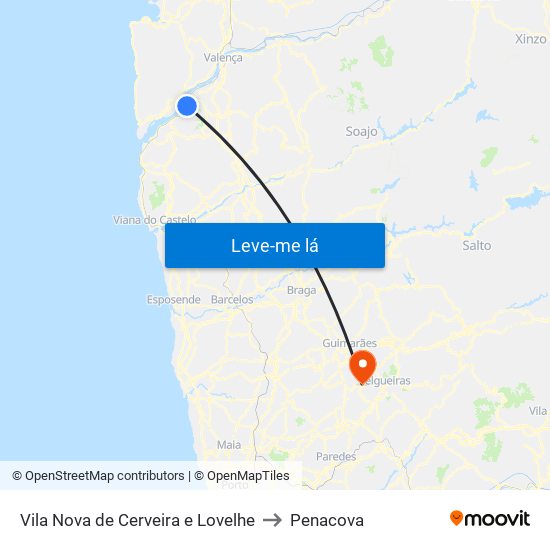 Vila Nova de Cerveira e Lovelhe to Penacova map