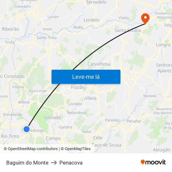 Baguim do Monte to Penacova map