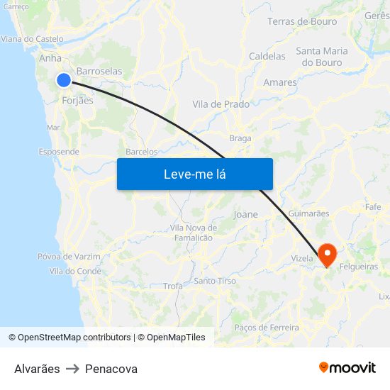 Alvarães to Penacova map