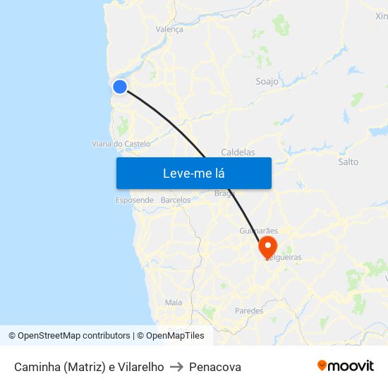 Caminha (Matriz) e Vilarelho to Penacova map