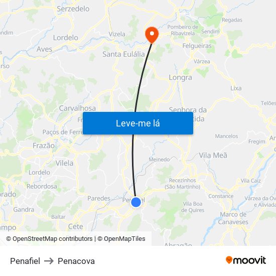 Penafiel to Penacova map