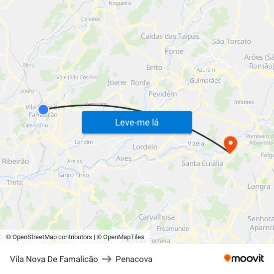 Vila Nova De Famalicão to Penacova map