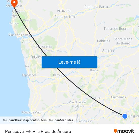 Penacova to Vila Praia de Âncora map