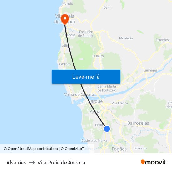 Alvarães to Vila Praia de Âncora map