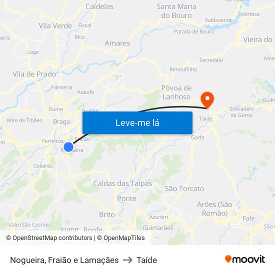 Nogueira, Fraião e Lamaçães to Taíde map