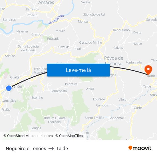 Nogueiró e Tenões to Taíde map