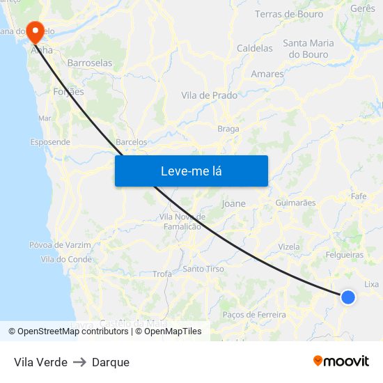 Vila Verde to Darque map
