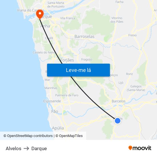 Alvelos to Darque map