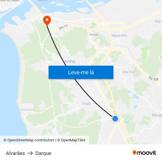 Alvarães to Darque map