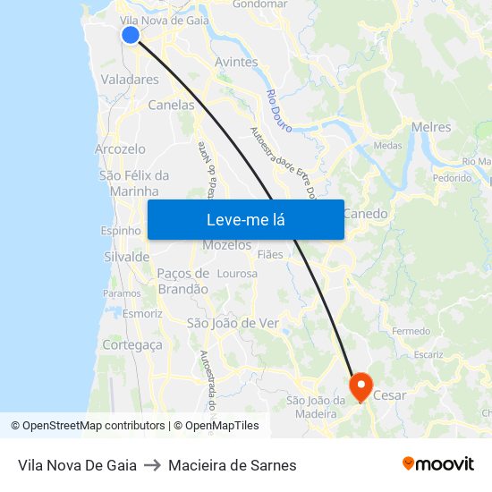 Vila Nova De Gaia to Macieira de Sarnes map