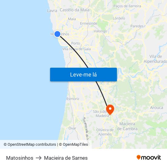 Matosinhos to Macieira de Sarnes map