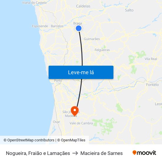 Nogueira, Fraião e Lamaçães to Macieira de Sarnes map