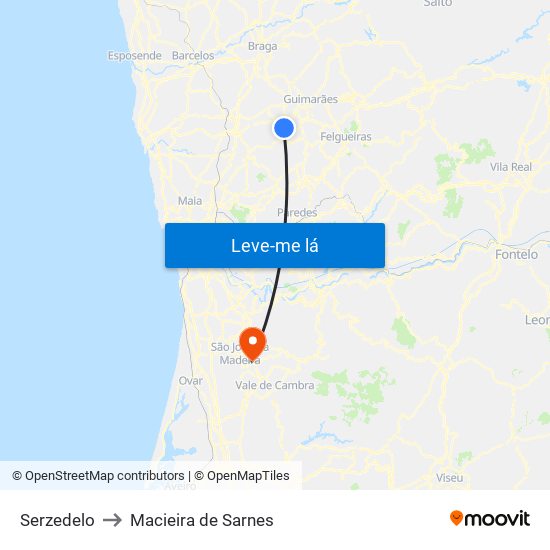 Serzedelo to Macieira de Sarnes map