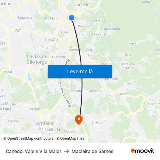 Canedo, Vale e Vila Maior to Macieira de Sarnes map