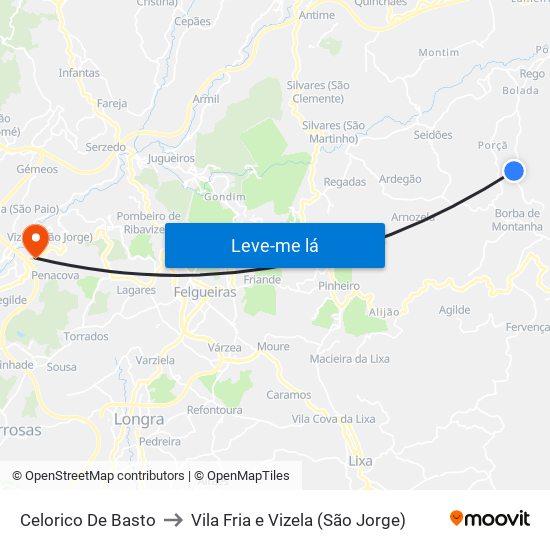 Celorico De Basto to Vila Fria e Vizela (São Jorge) map