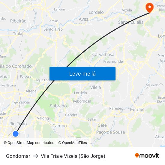 Gondomar to Vila Fria e Vizela (São Jorge) map