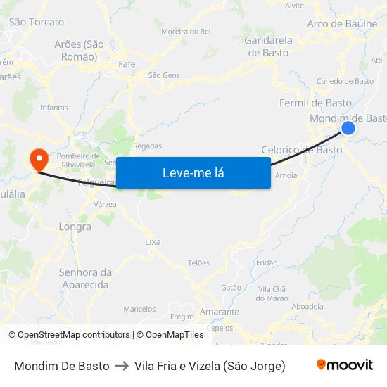Mondim De Basto to Vila Fria e Vizela (São Jorge) map